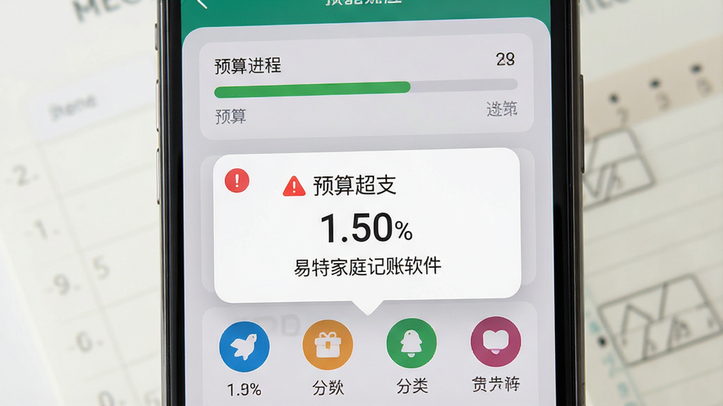 一张展示易特家庭记账软件预算提醒功能的图片,主体为手机屏幕弹出预算超支提醒弹窗,布局为居中特写,排版上方显示预算进度条下方显示分类图标,风格为清爽UI界面展示风,细节包含红色预警标识、百分比数字和“易特家庭记账软件”字样,画质高清干净无多余元素
