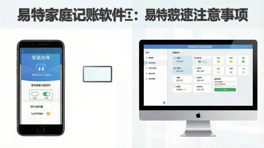 一张展示易特家庭记账软件安装与使用注意事项的图片,主体为手机和电脑并排展示安装界面与设置选项,布局为左右对比排版,风格为教程图解风,细节包含“易特家庭记账软件”安装向导、权限开关图标和运行库提示,画质清晰干净无多余元素