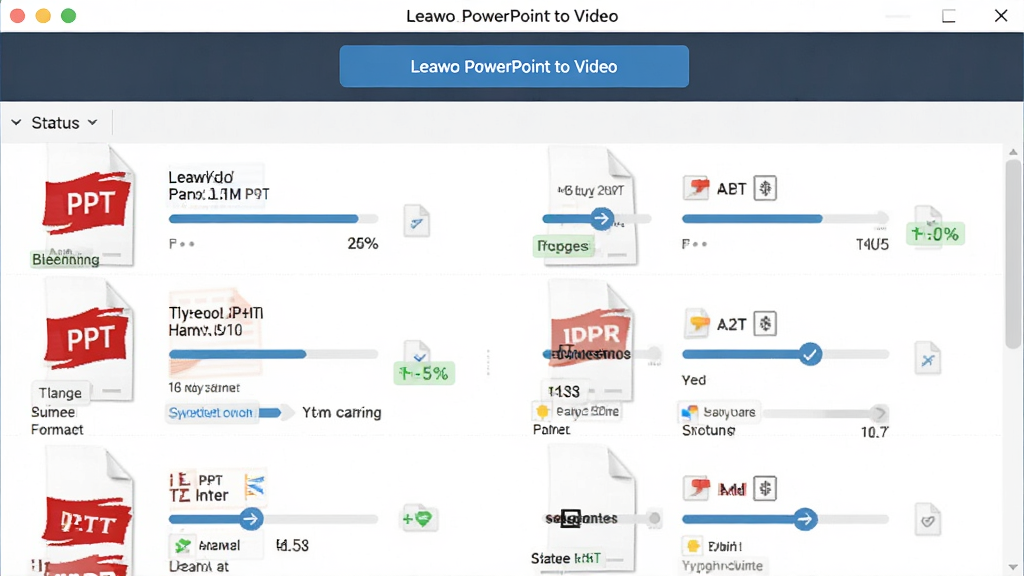 Leawo PowerPoint to Video ����ת�����棬������һ�������б��������Ŷ��PPT�ļ�����ͼ��ÿ���ļ��Ա��н�������״̬��ǩ��������ʾ����ת����ť�����Ϊ���Ч�ʷ磬ϸ�ڰ����ļ����ơ���ʽͼ�ꡢ���Ȱٷֱȣ����������ɾ����޶���Ԫ��