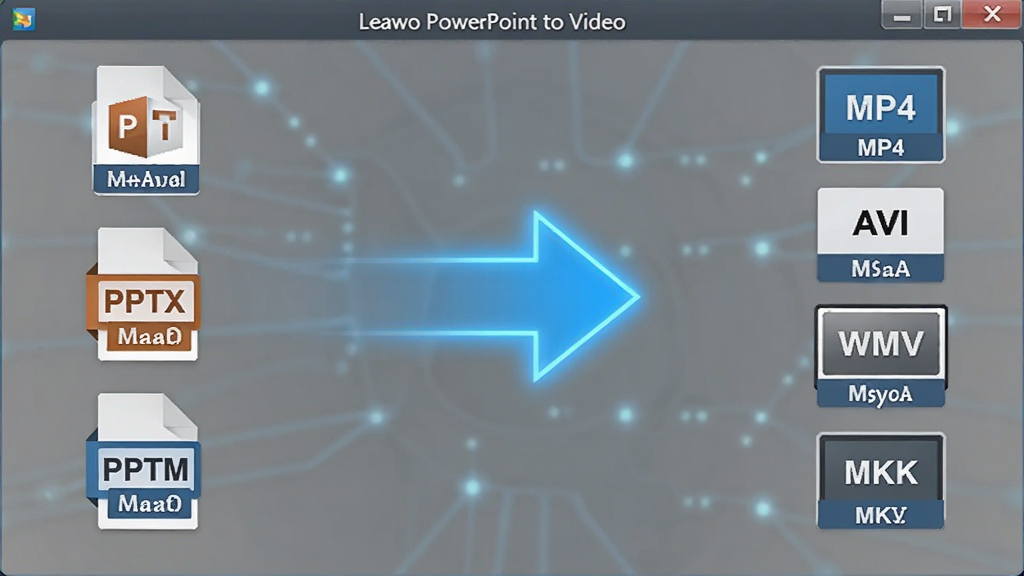 Leawo PowerPoint to Video ��ʽת�����ܽ��棬�������������PPT��PPTX��PPTM�������ʽͼ�꣬�Ҳ���MP4��AVI��WMV��MKV�������ʽͼ�꣬�м���һ���������ɫת����ͷ���ӣ����Ϊ��ƽ���Ƽ��磬ϸ�ڰ�����ʽ��չ�����ֱ�ǩ�����������ɾ����޶���Ԫ��