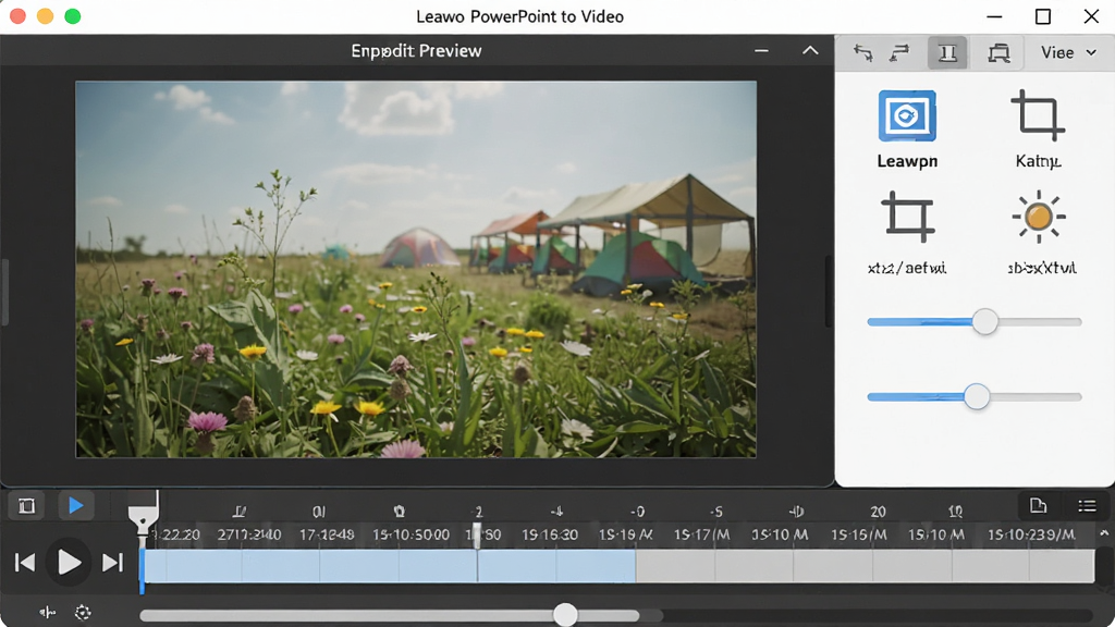 Leawo PowerPoint to Video �༭Ԥ�����棬����������ǻõ�ƬԤ�����ڣ��Ҳ��Ǳ༭����������ˮӡ���ü������ȵ���ͼ�꣬�ײ���ʱ���ᣬ���Ϊ�ִ��༭�磬ϸ�ڰ���Ԥ�����桢���ڻ��顢������ͼ�꣬���������ɾ����޶���Ԫ��