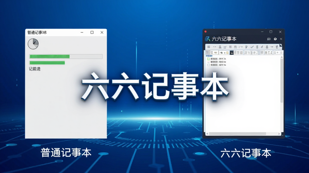 六六记事本软件启动速度对比示意图,画面左侧展示普通记事本软件加载进度条缓慢前进,右侧展示六六记事本瞬间打开编辑界面,背景采用科技感蓝色渐变,画面中央有醒目的软件名称“六六记事本”字样,风格简洁现代,画质清晰