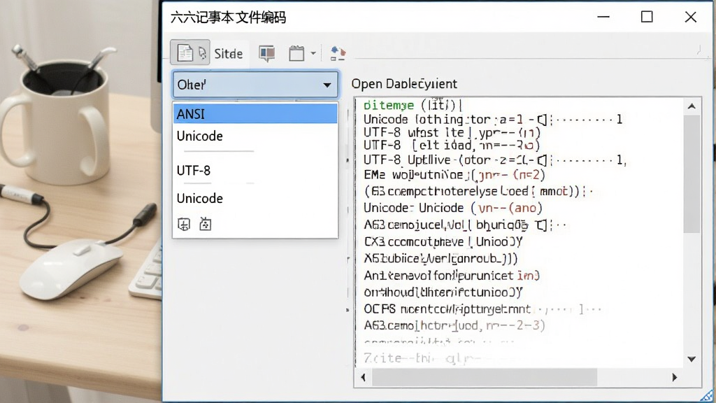 六六记事本文件编码选择界面示意图,画面展示一个下拉菜单中列出ANSI、UTF-8、Unicode等编码选项,旁边有打开的文本文件内容显示正常,背景为浅色办公桌面,风格写实,画质清晰