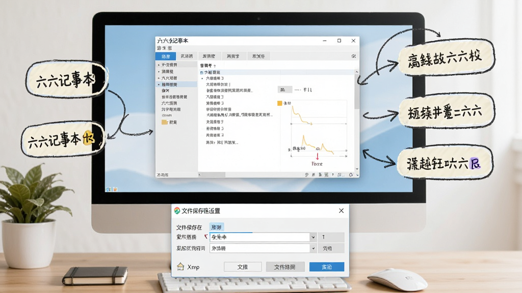 六六记事本使用技巧示意图,画面展示电脑屏幕上的六六记事本窗口,旁边有手绘风格的快捷键提示标签,下方有文件保存路径设置对话框,整体风格清新实用,画质清晰,无多余装饰