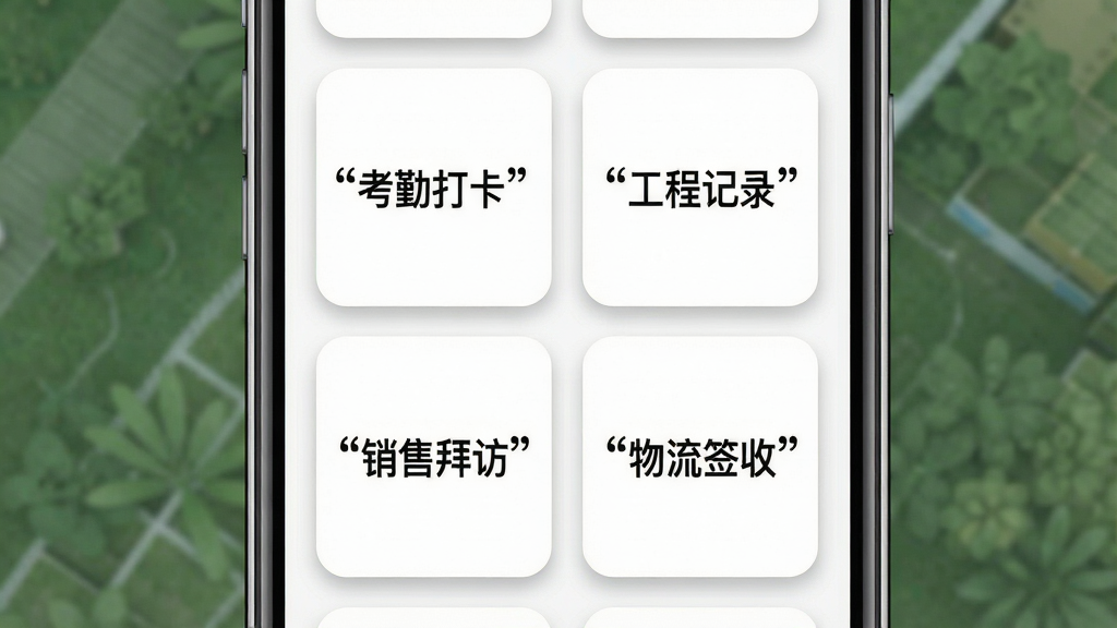 一张展示水印相机打卡拍照免费模板选择界面的手机截图样机,主体为手机竖屏,屏幕内排列着多个水印模板卡片,卡片上分别标注引号中的文字:考勤打卡、工程记录、销售拜访、物流签收,布局为两列网格排列,风格清新简洁,细节显示卡片圆角与轻微阴影,画质高清,界面干净无多余元素。