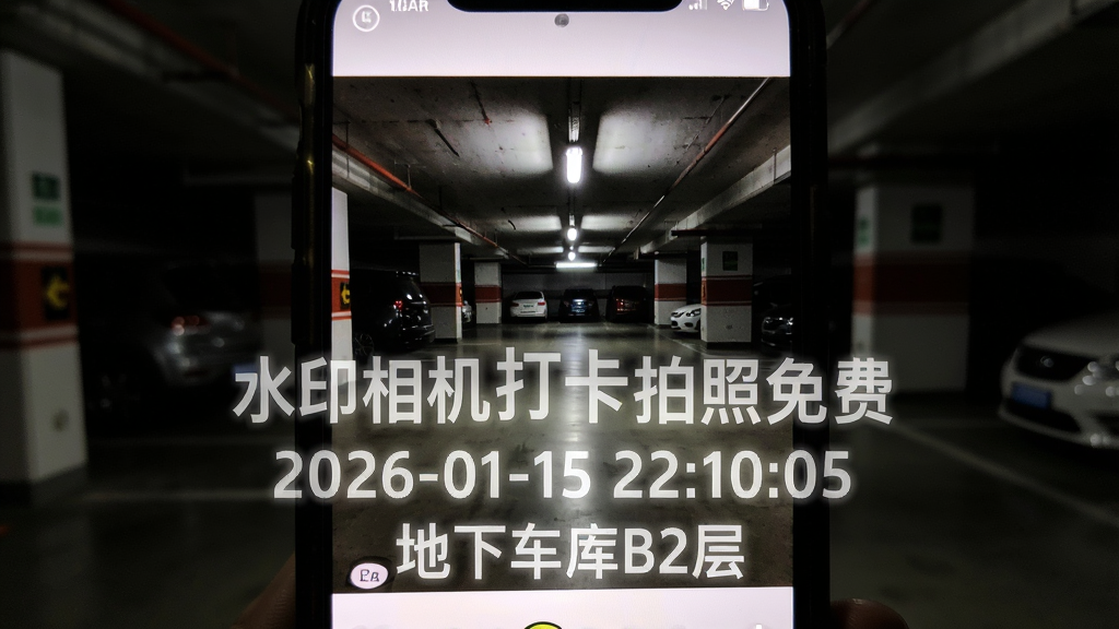 一张夜间拍摄场景的示意图,主体为手机屏幕显示一张在昏暗地下车库拍摄的打卡照片,照片上有清晰明亮的半透明水印文字:水印相机打卡拍照免费、2026-01-15 22:10:05、地下车库B2层,布局为水印居中偏下,风格写实夜拍效果,细节显示画面噪点少,画质高清,干净无多余元素。