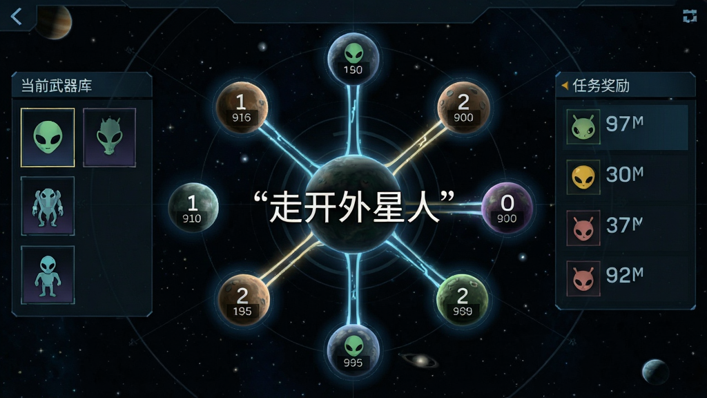 游戏关卡选择界面截图风格,主体为星际地图上分布多个星球节点,每个节点标注数字关卡,布局采用中心向外辐射状,排版左侧显示当前武器库,右侧显示任务奖励,风格为科幻UI设计,细节包含发光的路径连线与星球表面的外星人图标,画质清晰干净无多余元素,画面中央带有引号文字