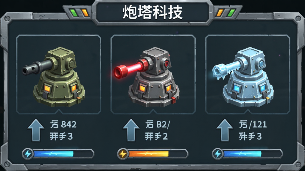 炮塔升级树状图界面,主体为三个并排的炮塔模型从左到右依次为机枪塔、激光塔、冰冻塔,每个炮塔下方显示升级箭头与属性数值,布局采用横向排列,排版上方标题为炮塔科技,风格为扁平化游戏UI,细节包含金属质感边框与能量条,画质高清干净无多余元素,画面中带有引号文字