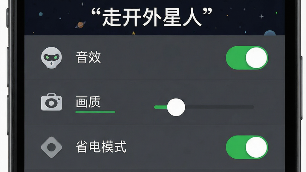 手机屏幕显示游戏设置菜单,主体为设置选项列表包含音效、画质、省电模式开关,布局为纵向排列,排版左侧显示图标右侧显示文字,风格为现代扁平化UI,细节包含开关的绿色高亮状态与滑块控件,画质高清干净无多余元素,画面顶部带有引号文字