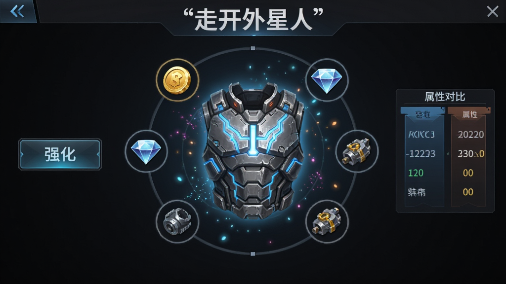 装备强化界面,主体为一件科幻装甲胸甲悬浮在中央,周围环绕金币、钻石、零件三种资源图标,布局采用环形排列,排版左侧显示强化按钮,右侧显示属性对比,风格为暗黑科技风,细节包含发光的强化纹路与粒子特效,画质高清干净无多余元素,画面顶部带有引号文字