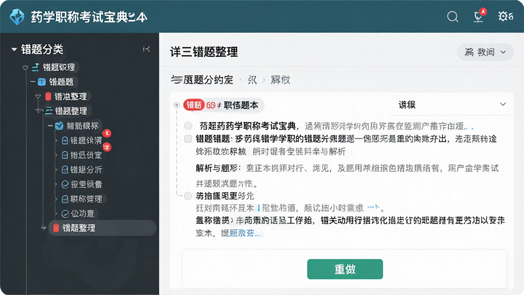 一张展示药学职称考试宝典错题本功能的图片,主体为错题整理界面,布局为左侧错题分类树、右侧错题详情与解析,排版清晰,风格为教育类软件界面,细节包含红色错题标记、解析文字、重做按钮,画质高清干净无多余元素
