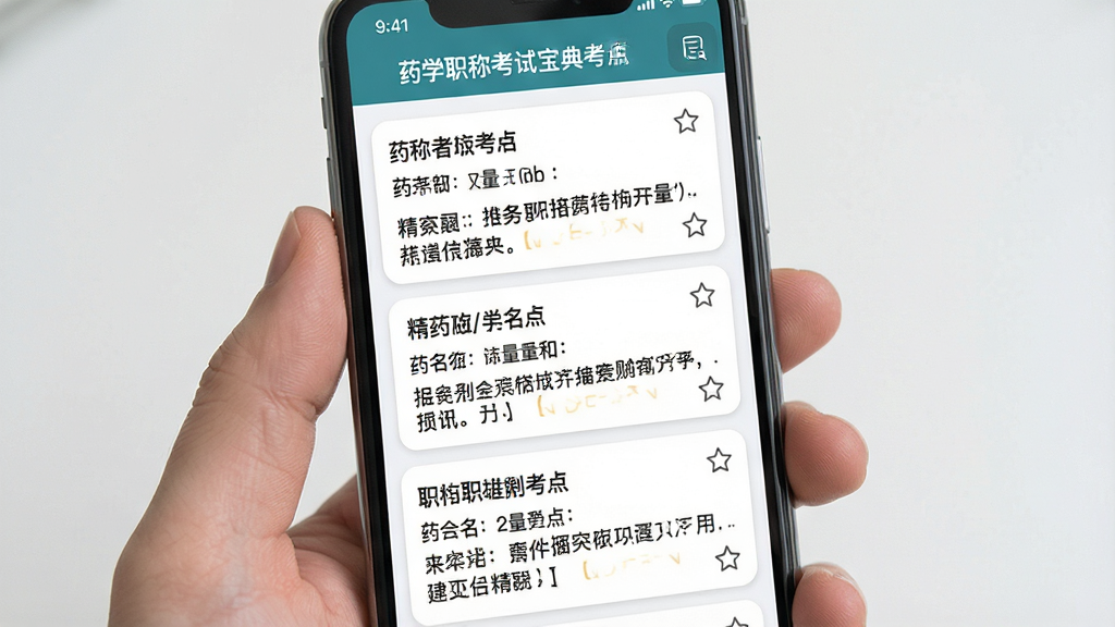 一张展示药学职称考试宝典考点速记页面的图片,主体为手机屏幕显示速记卡片,布局为竖向卡片列表、每张卡片包含考点标题与精炼内容,排版紧凑,风格为移动学习应用风,细节包含药名、剂量、口诀文字、收藏图标,画质高清干净无多余元素