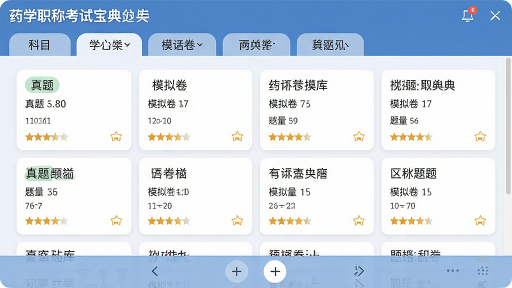 一张展示药学职称考试宝典题库分类页面的图片,主体为软件题库列表界面,布局为顶部科目分类标签、中部题目卡片列表、底部翻页控件,排版简洁,风格为清爽学习工具风,细节包含真题标签、模拟卷标签、题量数字、星级难度标识,画质高清干净无多余元素