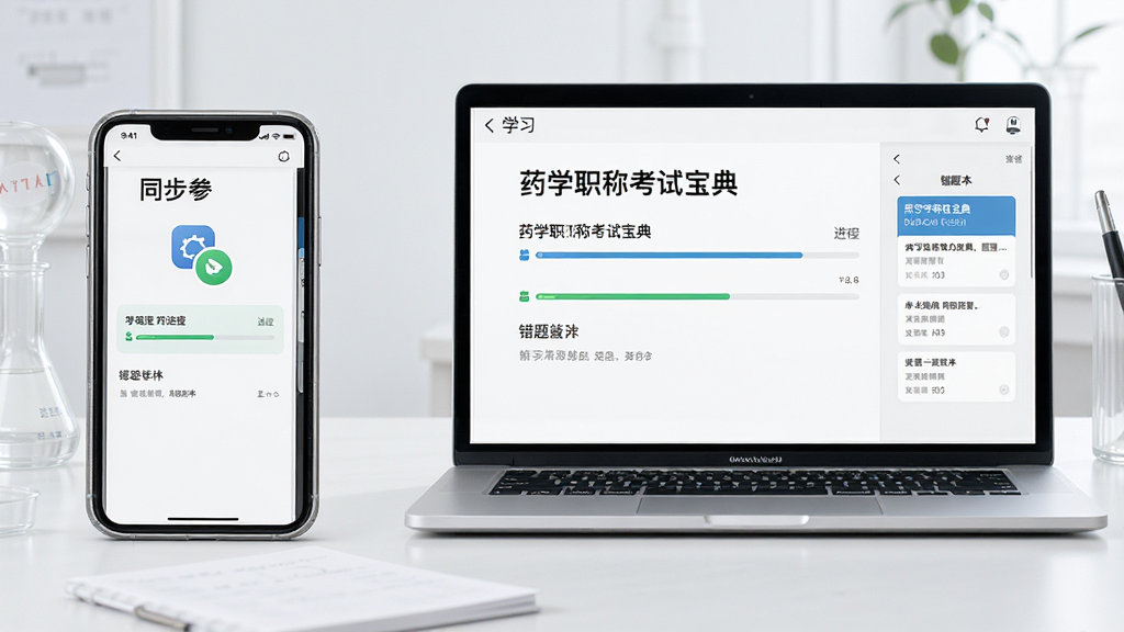 一张展示药学职称考试宝典在手机与电脑双端同步使用的图片,主体为手机和笔记本电脑并排显示相同学习进度,布局为左右分屏,排版对称,风格为科技学习场景,细节包含同步图标、进度条、错题本界面,画质高清干净无多余元素