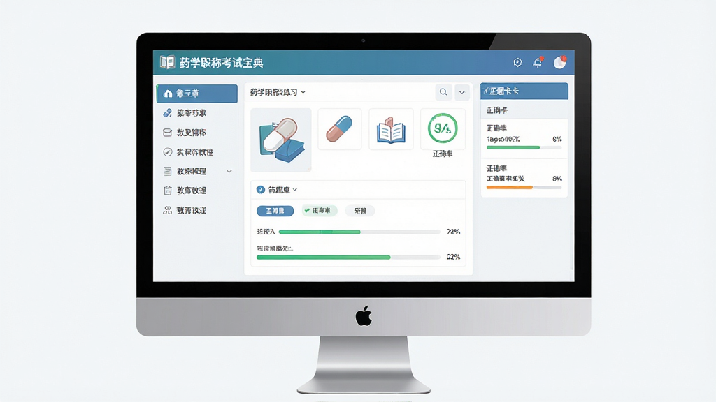 一张展现药学职称考试宝典软件界面的图片,主体为电脑屏幕显示题库练习页面,布局为左侧章节导航、中间答题区、右侧答题卡,排版整齐清晰,风格为现代教育软件界面,细节包含药片图标、书本元素、进度条与正确率统计,画质高清干净无多余元素