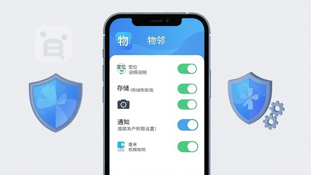 ����APP��װ��Ȩ������ʾ��ͼ������չʾ�ֻ���Ļ��Ȩ�޹���ҳ�棬������λ���洢�������֪ͨ��Ȩ�޿��أ��ֻ��Ա߷��ö��������ͼ�꣬����Ϊǳ��ɫ������Ϊ�����ֻ�������д�����Ϊ���Ƽ��廭��ϸ�ڰ��������ڡ�Ӧ��ͼ����Ȩ��˵�����֣������������ɾ����޶���Ԫ��