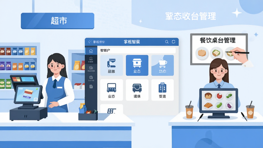 一张掌柜智囊多业态收银功能的展示图,画面左侧为超市收银场景,右侧为餐饮桌台管理场景,中间用掌柜智囊软件界面作为连接,界面上显示不同业态的图标和功能入口,整体采用扁平化插画风格,色彩以蓝白为主,排版清晰分区明确,画质干净高清,无多余装饰元素