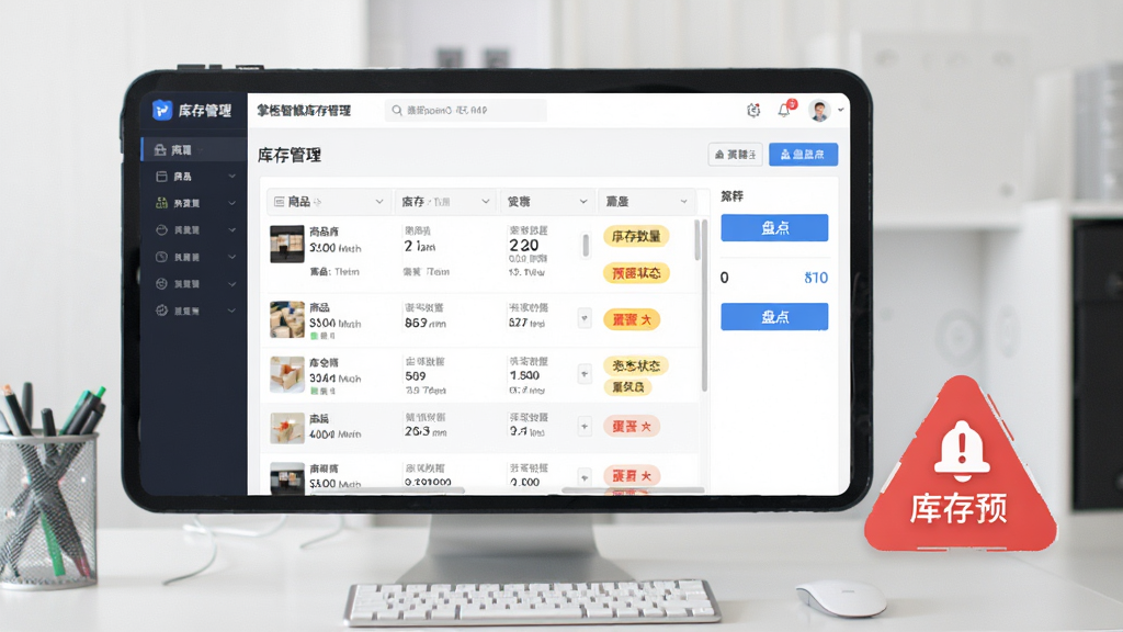 一张掌柜智囊库存管理界面的功能展示图,画面主体是软件库存管理页面,显示商品列表、库存数量、预警状态标签和盘点按钮,旁边放置一个库存预警的红色提示图标,背景为简洁的办公桌面,整体采用写实UI截图风格,排版整齐,画质清晰干净,无多余元素