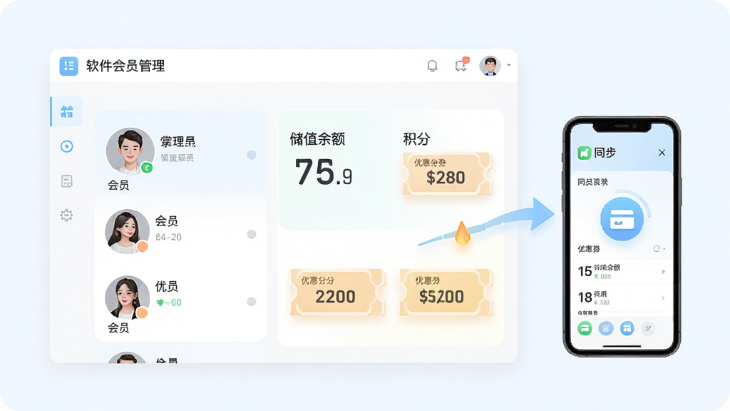 一张掌柜智囊会员管理功能的示意图,画面展示软件会员管理界面,包含会员头像列表、储值余额、积分数字和优惠券图标,界面旁边有一个手机端同步展示的图标,整体采用清新浅色风格,排版简洁,画质高清干净,无多余装饰