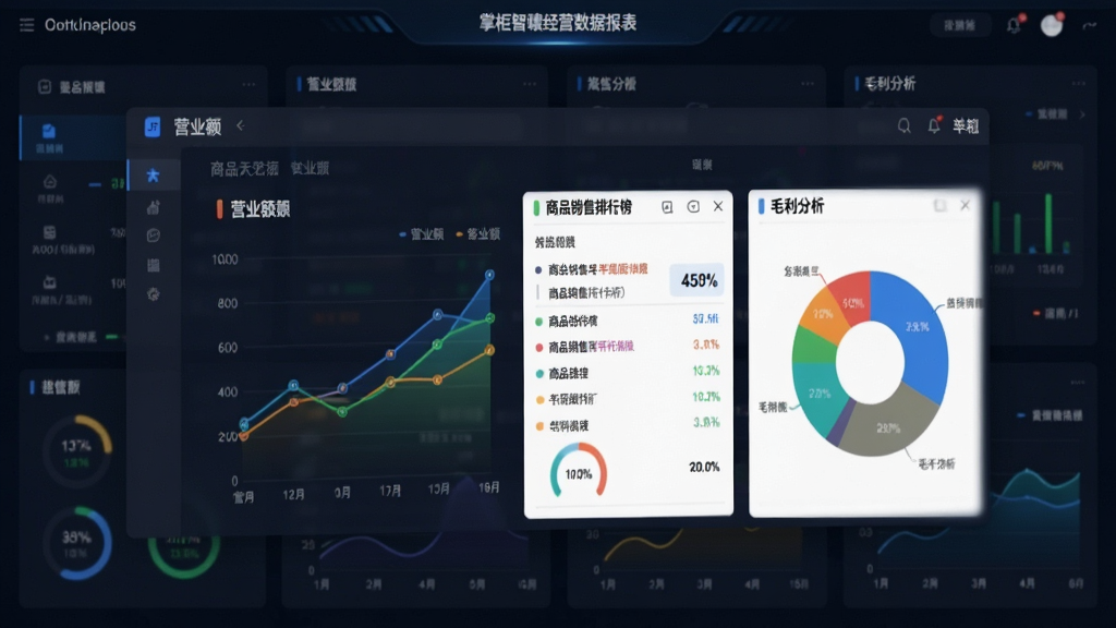 一张掌柜智囊经营数据报表的展示图,画面中央是软件报表页面,显示营业额折线图、商品销售排行榜和毛利分析饼图,背景为深色数据大屏风格,图表颜色鲜明,排版规整,画质高清干净,无多余元素