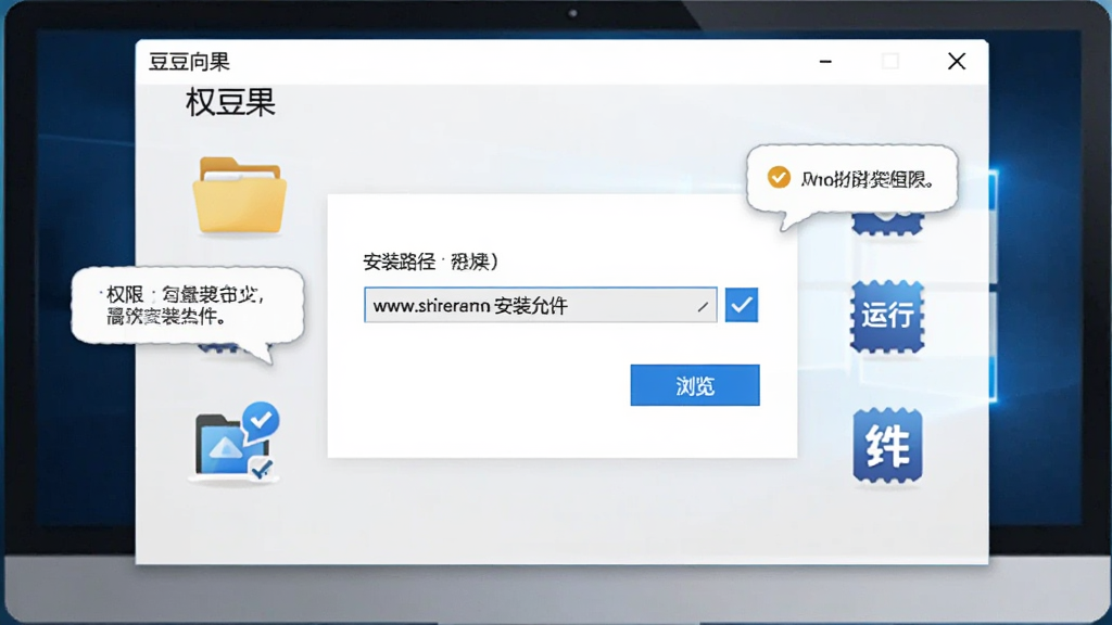 画面展示“豆豆果”软件在Windows电脑上的安装向导界面插画,界面中央是安装路径选择框和“浏览”按钮,周围环绕权限允许提示气泡和运行库组件图标,整体采用浅灰色背景配合蓝色高亮按钮,布局为居中卡片式,风格简洁明快,细节上加入文件夹图标和勾选框元素,画质清晰干净无多余元素