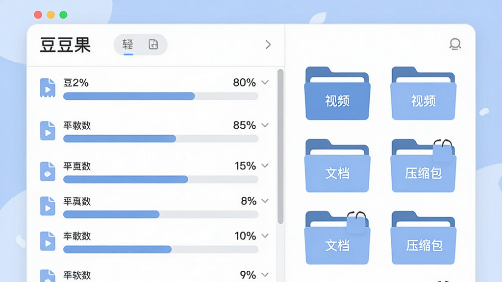 画面中央是“豆豆果”软件界面插画,左侧显示多个下载任务进度条并行排列,右侧展示自动分类的文件夹图标群,文件夹上分别标注“视频”“文档”“压缩包”等字样,整体采用柔和的蓝白配色,扁平化风格,布局清晰有层次,细节上加入进度条百分比数字和文件夹标签,画质干净无多余元素