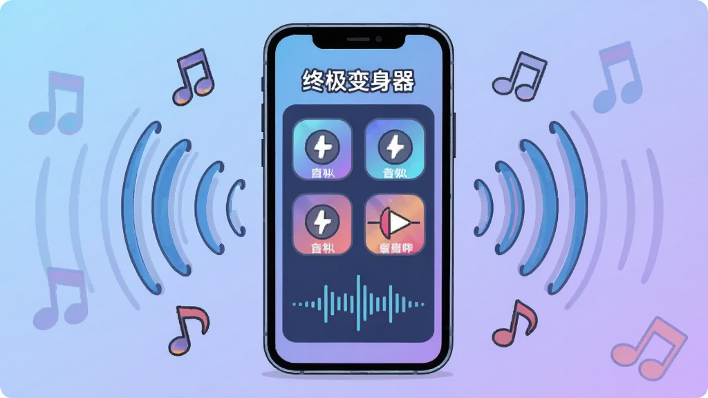 画面中央展示一部智能手机,屏幕上显示“终极变身器”应用界面,界面中有多个变身音效图标和波形图,手机周围环绕着卡通风格的声波与音符元素,背景为柔和的蓝紫色渐变,风格为扁平化科技插画,细节清晰,画质干净明亮,无多余元素