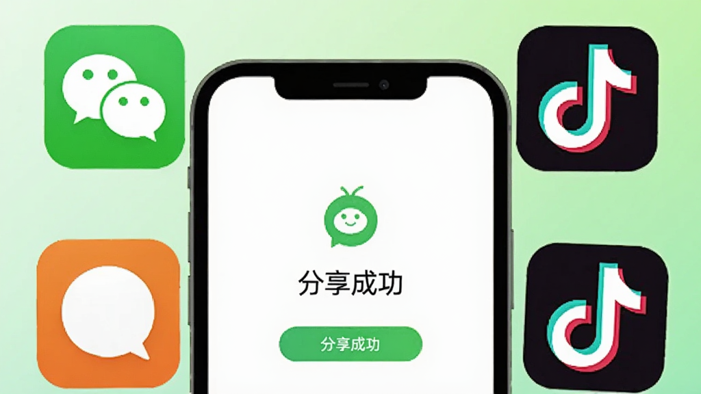 一部手机屏幕显示分享成功界面,周围有微信、QQ、抖音等社交图标环绕,背景是清新的浅绿色渐变,风格为简约现代插画,细节清晰,画质干净,无多余元素