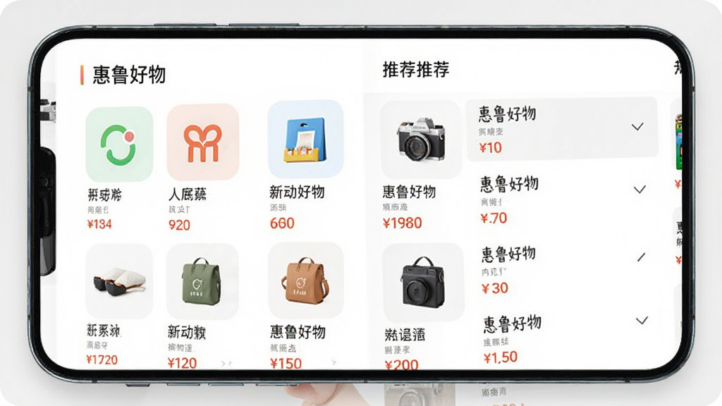 惠鲁好物应用内的商品分类页面,主体为手机屏幕展示多个商品类别图标和推荐商品列表,布局采用网格与列表混合排版,风格为清爽简约的电商UI风格,细节包含商品缩略图、名称和价格,画质清晰干净,画面中带有文字“惠鲁好物”