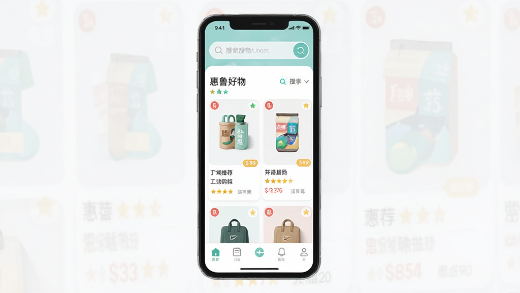 惠鲁好物手机应用界面展示,主体为一部智能手机屏幕显示购物首页,布局包含顶部搜索栏、中部商品推荐卡片和底部导航菜单,排版简洁有序,风格为现代扁平化商业插画,细节表现商品图片、价格标签和评价星级,画质清晰干净,无多余元素,画面中带有文字“惠鲁好物”