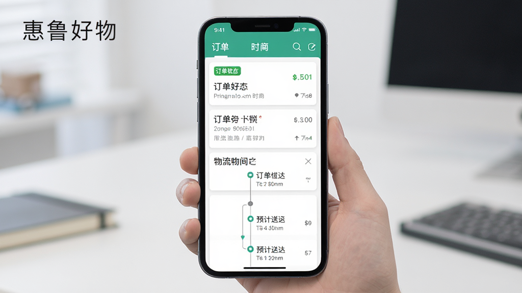 惠鲁好物订单物流跟踪界面,主体为手机屏幕显示订单列表和物流时间轴,布局为垂直列表结构,风格为简洁商务风,细节包含订单状态标签、物流节点和预计送达时间,画质清晰干净,画面中带有文字“惠鲁好物”
