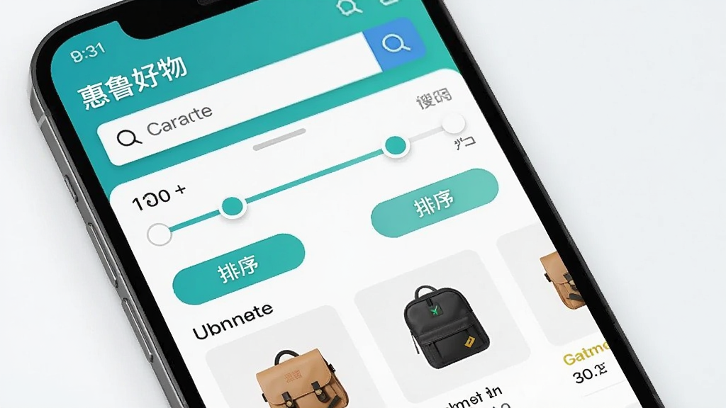 惠鲁好物搜索筛选功能展示,主体为手机屏幕显示搜索框和筛选条件面板,布局为上下结构,风格为现代移动端交互界面,细节包含价格滑块、排序按钮和商品结果预览,画质清晰干净,画面中带有文字“惠鲁好物”