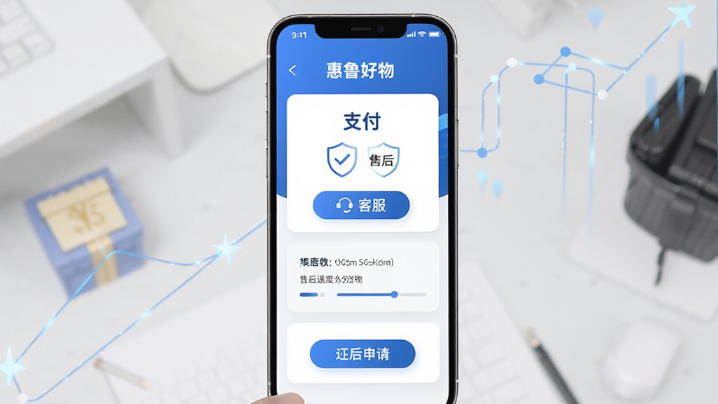 惠鲁好物支付安全与售后保障页面,主体为手机屏幕显示支付方式和售后申请入口,布局为卡片式排列,风格为可信赖的金融科技风,细节包含盾牌图标、客服按钮和退款进度条,画质清晰干净,画面中带有文字“惠鲁好物”