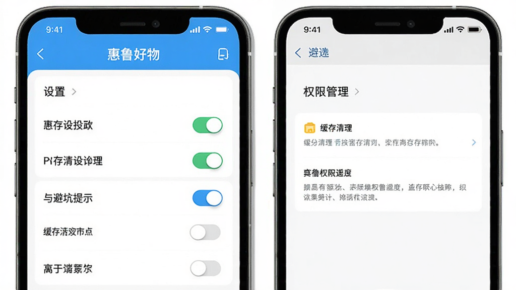 惠鲁好物移动端操作界面与避坑提示,主体为手机屏幕显示应用设置页面和权限管理界面,布局为上下分栏,风格为扁平化科技风,细节包含开关按钮、缓存清理选项和提示文字,画质清晰干净,无多余元素,画面中带有文字“惠鲁好物”