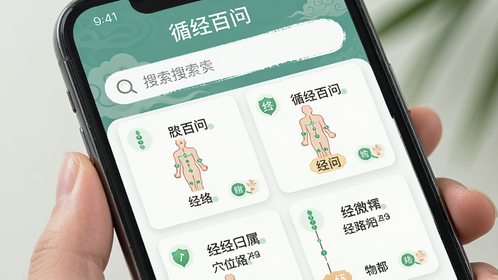 循经百问穴位查询功能界面,主体为手机屏幕特写,布局为上方搜索框,下方为穴位卡片列表,排版整齐,风格为清新中医风,细节包含穴位名称、经络归属、小图标,画质清晰,干净,无多余元素,画面中带文字“循经百问”