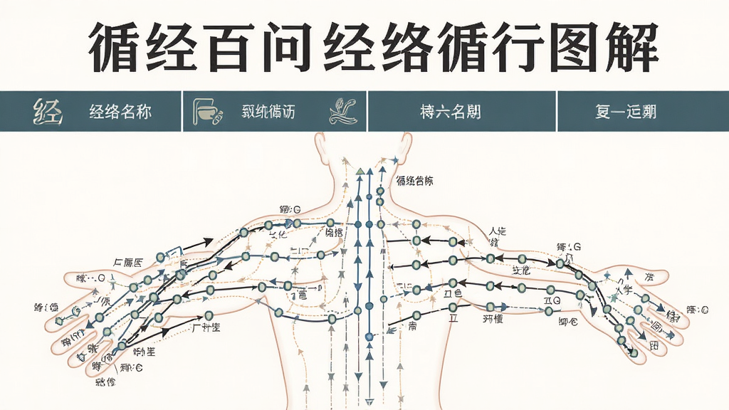 循经百问经络循行图解页面,主体为人体经络线条图,布局为全屏展示,排版为上下结构,上方为经络名称,下方为循行路线图,风格为医学插画风,细节包含经络走向箭头、穴位标注点,画质高清,干净,无多余元素