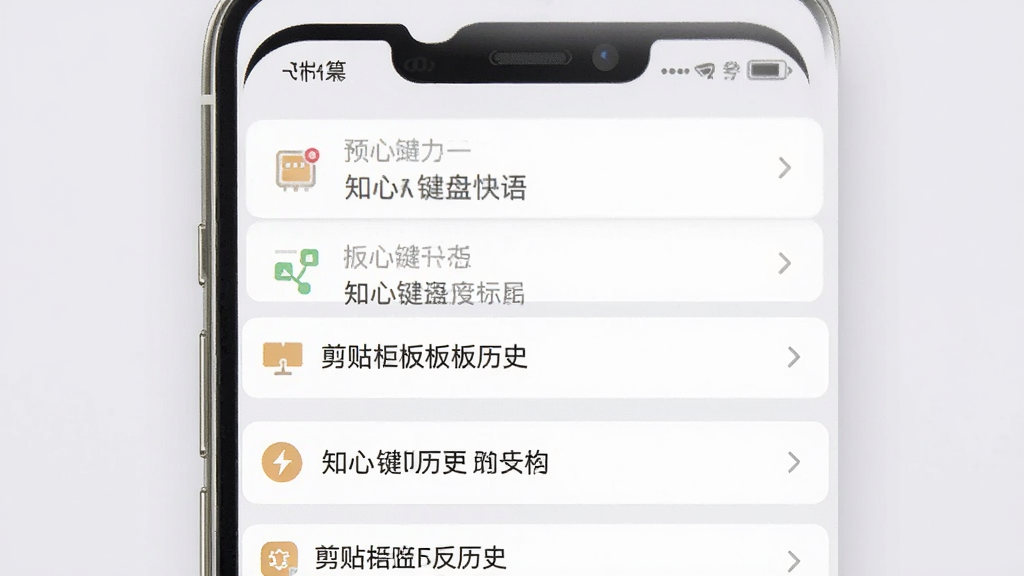 一张展示“知心键盘”快捷短语与剪贴板管理界面的预览图,画面中手机屏幕显示一个列表,列表内包含多条预设短语和剪贴板历史记录,每条记录前有小图标标识,界面采用卡片式布局,背景为浅灰色,风格素雅,画质清晰,干净整洁