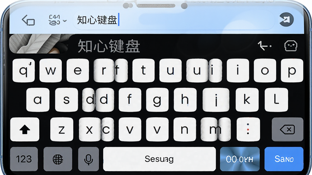 一张展示“知心键盘”手机输入界面的高清预览图,画面中心是一部竖向放置的智能手机,屏幕显示“知心键盘”的默认皮肤,键盘区域布局清晰,包含拼音按键、空格键和发送键,上方输入框显示正在编辑的聊天文字,背景为柔和的浅蓝渐变,整体风格简洁清爽,细节清晰,画质干净,无多余元素