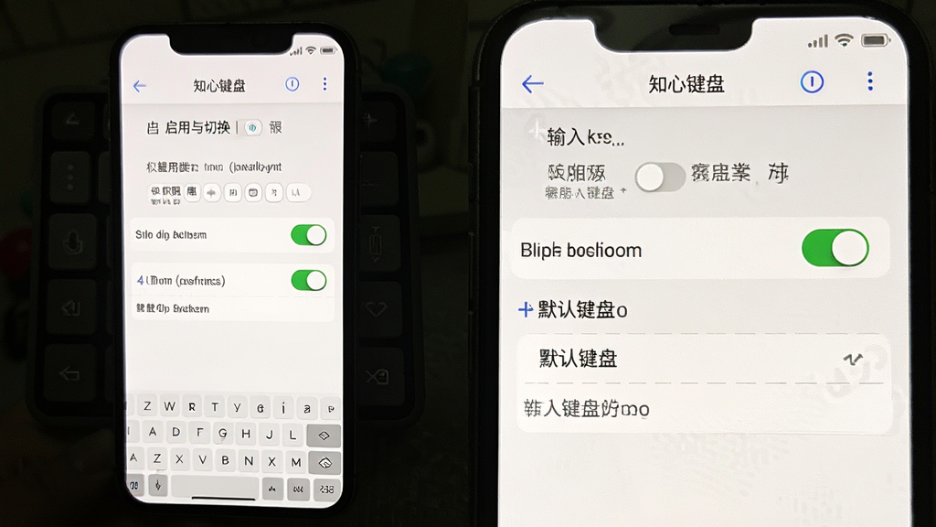 一张展示“知心键盘”设置界面的手机截图,画面中手机屏幕显示输入法启用与切换的步骤指引,包含权限开关和默认键盘选项,界面风格简洁,背景为白色,文字清晰,画质干净,无多余元素