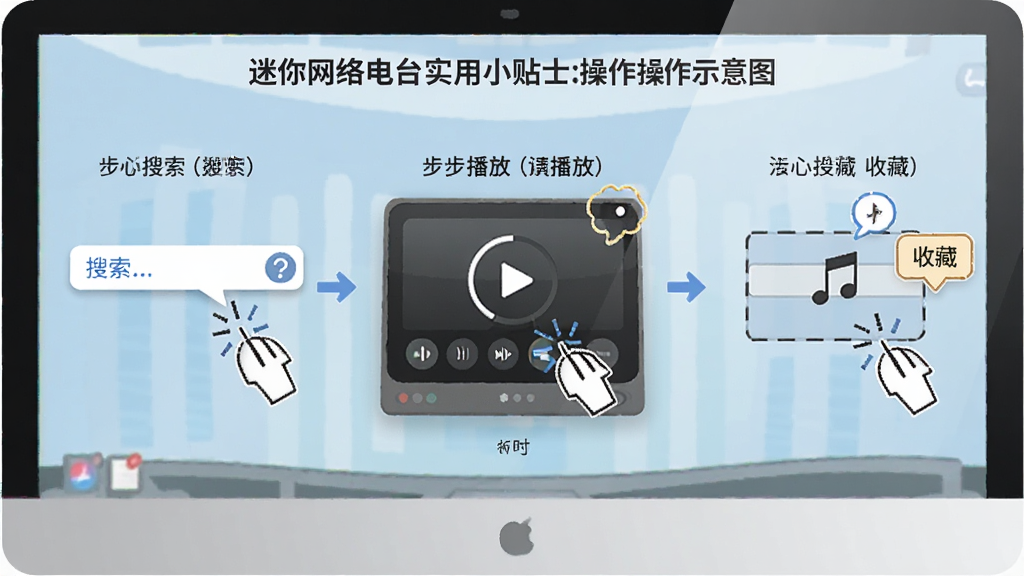 迷你网络电台实用小贴士操作示意图,主体为电脑屏幕上的软件操作步骤,布局为分步图解,排版从左到右展示搜索、播放、收藏三个环节,风格为教程类清晰风格,细节包括鼠标点击位置和提示气泡,画质清晰,干净,无多余元素