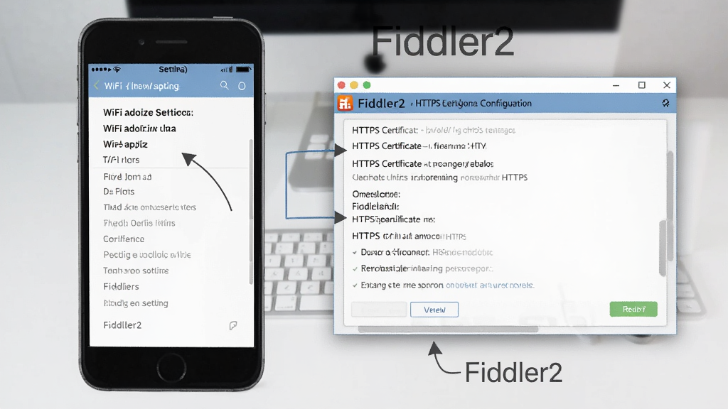 一张展示Fiddler2在移动端抓包设置的示意图,画面中左侧是手机WiFi代理设置界面,右侧是Fiddler2的HTTPS证书配置窗口,背景为干净的桌面环境,整体风格简洁明了,画面干净,无多余元素,高清画质,图中标注