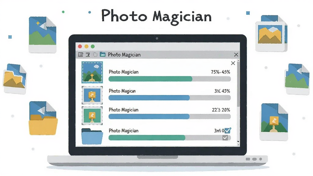 һ�ű�����������Ч�ʵĳ���ͼ��������һ̨�ʼǱ�������Ļ����Ļ����ʾ Photo Magician ����ͬʱ��������ͼƬ�Ľ�����������Ϊ��Ļ���С���Χɢ������ͼƬ�ļ�ͼ�꣬�Ű��࣬���Ϊ��ƽ���Ƽ��в廭��ϸ�ڰ������Ȱٷֱȡ��ļ���ͼ�ꡢ������ѡ�򣬻��������ֱ�ע