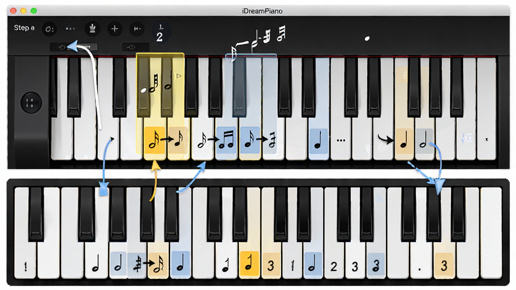 iDreamPianoģ�����ʹ��ָ��ʾ��ͼ������Ϊ����������������̰������գ����ֲ������½ṹ���Ϸ�Ϊ�������ڽ�ͼ���·�Ϊ���̼�λ��ע���Ű����������Ϊ�̳�˵��ͼ��ϸ�ڰ�������������������ע��������źͼ�ͷָʾ�����ʸ��壬����ɾ����޶���Ԫ��
