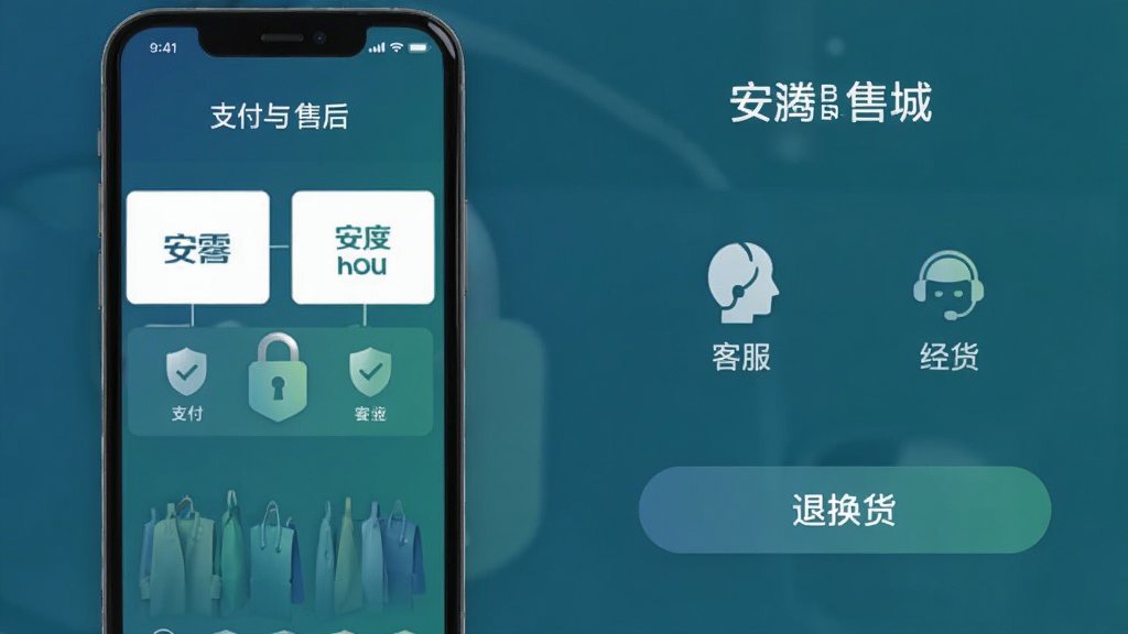 安腾商城 支付与售后页面 手机界面展示 包含支付方式图标 安全锁图标 客服入口 退换货按钮 风格稳重 配色以蓝绿为主 细节清晰 画质高清 干净 无多余元素