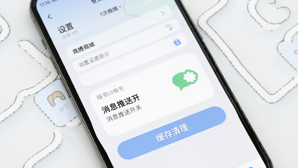 安腾商城 移动端使用技巧 手机屏幕展示 包含设置界面 消息推送开关 缓存清理按钮 风格简洁 配色柔和 细节清晰 画质高清 干净 无多余元素