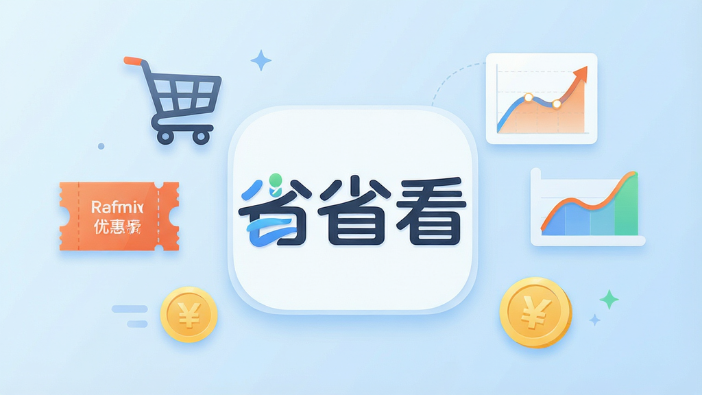 一张展示“省省看”软件主界面的图片,画面中央是软件LOGO和名称“省省看”,周围环绕着购物车、优惠券、价格曲线图、金币图标等元素,布局为居中对齐,排版干净整齐,风格为现代扁平化科技风,细节包含清晰的图标边缘、柔和阴影和浅蓝色渐变背景,画质为高清4K、干净、无多余元素