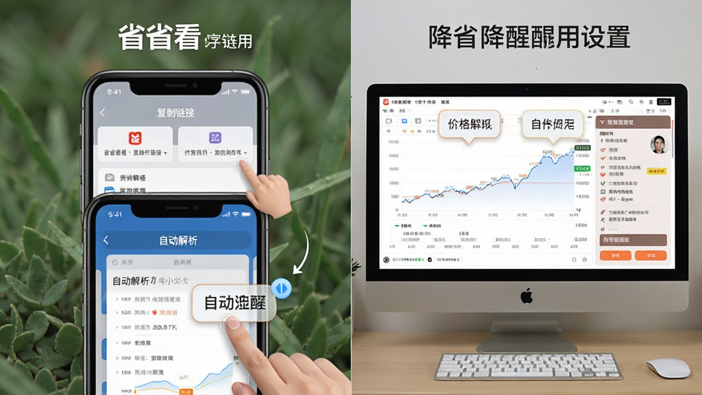 一张展示“省省看”新手使用步骤的图片,画面分为左右两部分,左侧为手机屏幕显示复制链接和自动解析界面,右侧为电脑屏幕显示价格走势图和降价提醒设置,布局为左右对比,排版清晰,风格为写实UI风格,细节包含清晰的界面元素、手指点击动作和提示气泡,画质为高清、干净、无多余元素