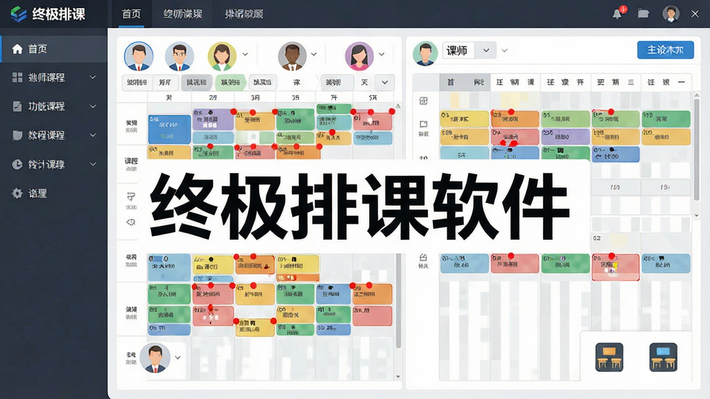 一张展示终极排课软件主界面的图片,画面中央是软件名称“终极排课软件”的醒目标题,周围环绕着课程表网格、教师头像、教室图标等元素,布局采用左右分栏结构,左侧为功能导航栏,右侧为排课主操作区,风格为现代简约商务风,细节上体现课程格子五颜六色、冲突提示红色标记、顶部菜单栏清晰可见,画质高清,干净整洁,无多余元素。