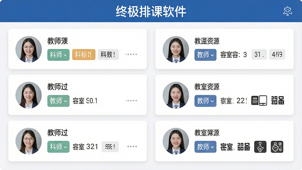 一张展示终极排课软件教师与教室资源管理界面的图片,画面中左侧是教师列表卡片,右侧是教室资源卡片,布局为双栏并列结构,风格为现代管理软件界面风格,细节上体现教师头像、科目标签、教室容量数字、设备图标,顶部有“终极排课软件”标题,画质高清,干净整洁。