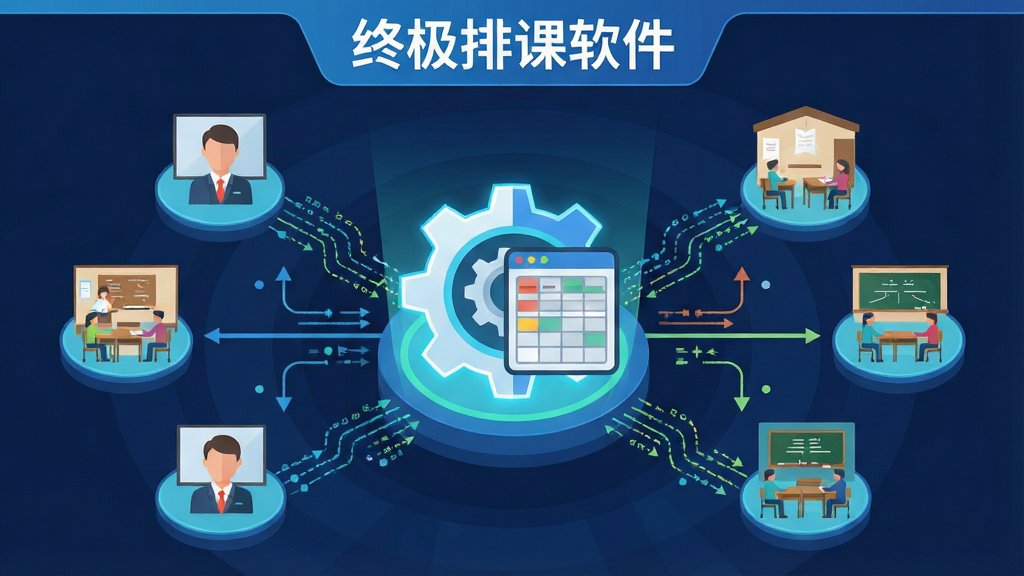 一幅展示终极排课软件智能排课引擎工作场景的图片,画面中心是一个发光的齿轮与课程表融合的图标,周围环绕着教师、教室、班级等数据节点,布局采用放射状结构,风格为科技感扁平插画,细节上体现数据流动线条、自动匹配的连线、顶部标注“终极排课软件”字样,画质清晰锐利,干净无杂乱元素。